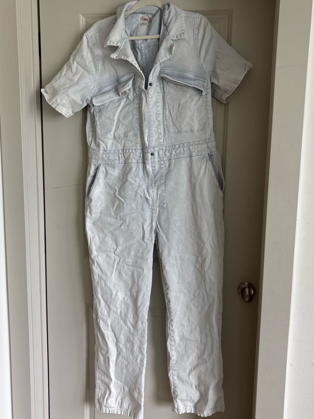 Faherty Blythe jumpsuit in a light indigo denim short sleeves
